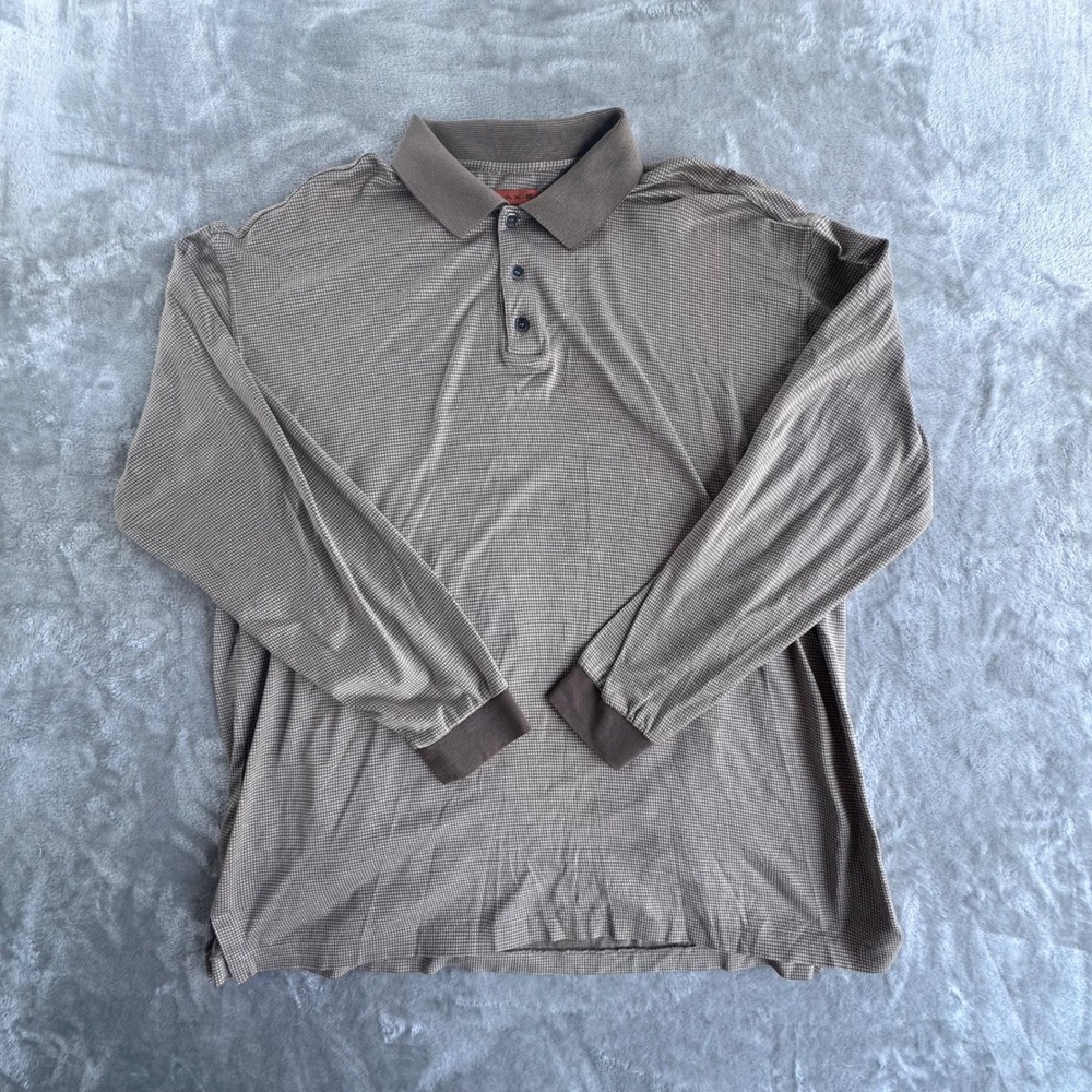 Axis Mens XL Long Sleeve Polo Shirt Brown Tan Micro Check 100% Cotton Knit Korea